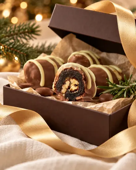 Tâmaras jumbo DONUTRI cobertas de chocolate em caixa marrom com fita dourada