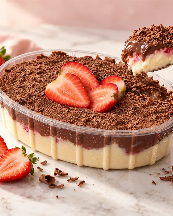 Gelado proteico DONUTRI de morango no pote, com camadas cremosas, raspas de chocolate e morangos frescos