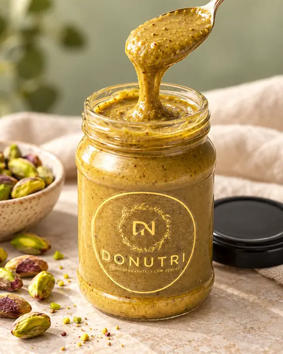 Pote de pasta de pistache DONUTRI aberto, com a colher servindo a pasta e pistaches ao lado