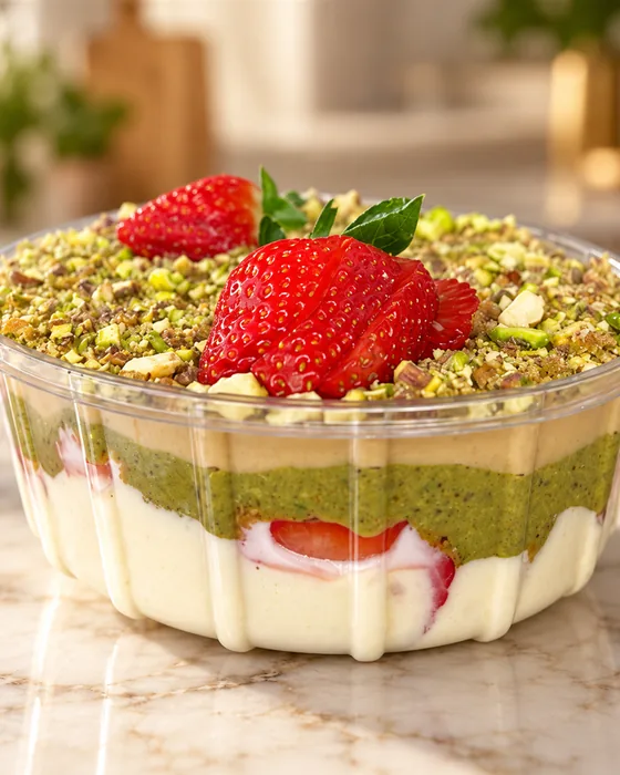 Sobremesa Pistachella DONUTRI com camadas de creme, pistache e morangos frescos
