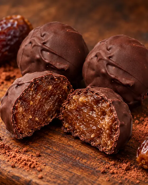 Protein Bites DONUTRI cobertos de chocolate, um aberto mostrando o recheio de tâmara