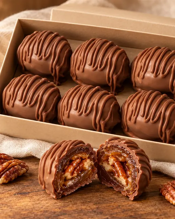 Caixa com 6 tâmaras jumbo veganas DONUTRI cobertas de chocolate, uma aberta mostrando a pecã