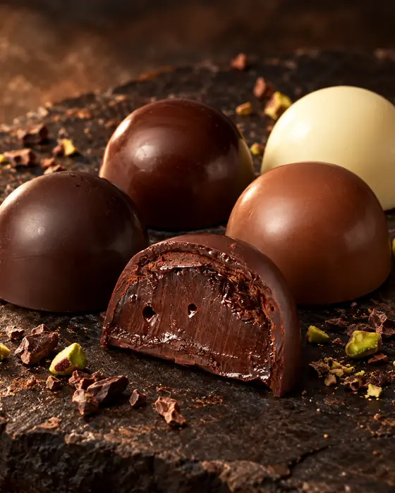 Trufas brigadeiro premium DONUTRI em chocolate amargo, ao leite e branco, uma cortada mostrando o recheio